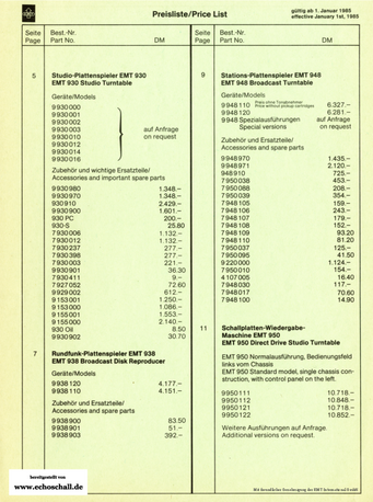 EMT Preisliste 1985 deutsch english