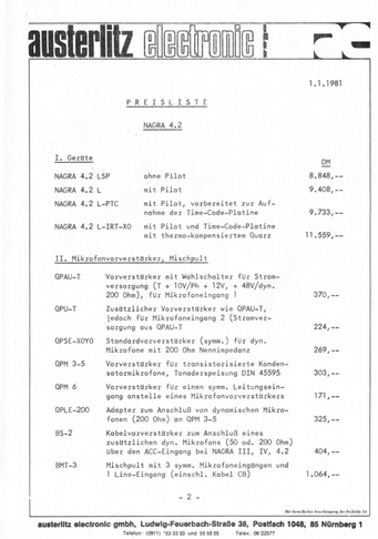 Austerlitz Preisliste Nagra 4.2 1981 deutsch
