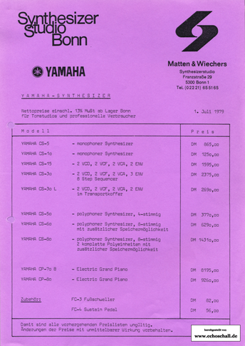 Yamaha Preisliste Synthesizerstudio Bonn 1979 deutsch