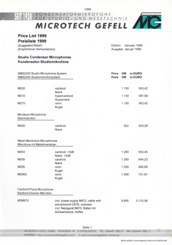 Microtech Gefell Preisliste Mikrofone 1999 deutsch english