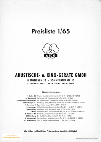AKG Preisliste Mikrofone 1965 deutsch