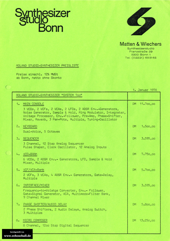 Roland Preisliste System 700 Synthesizerstudio Bonn 1978 deutsch